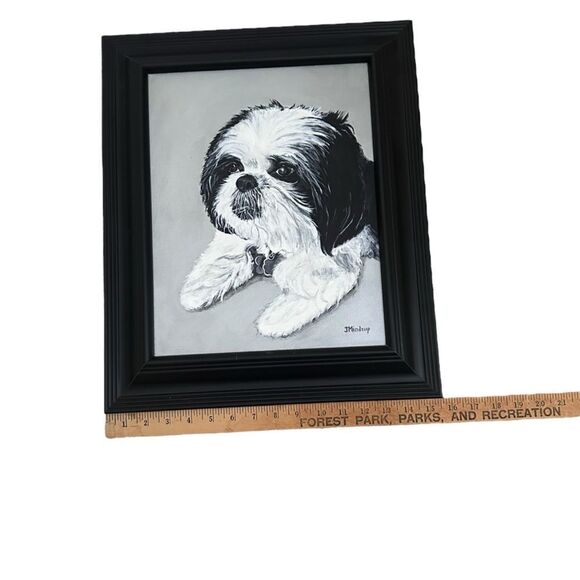 Shih Tzu Dog Puppy Artist Signed Painting Portrait Black Frame 15”x18” Eclectic - Picture 6 of 11